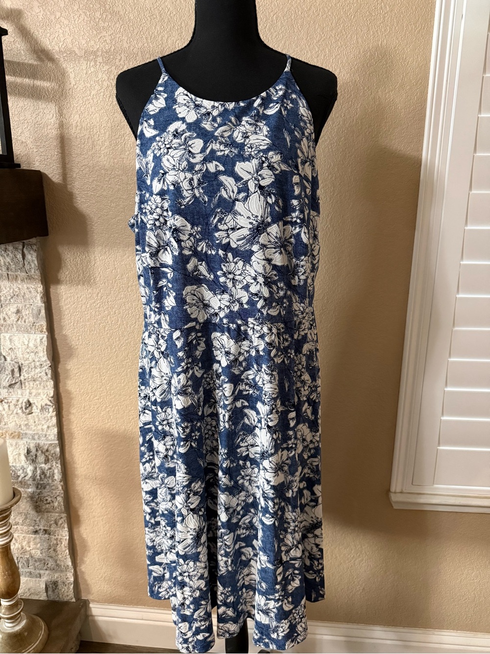 NWT - Navy Blue and White Floral Halter Midi Dress
